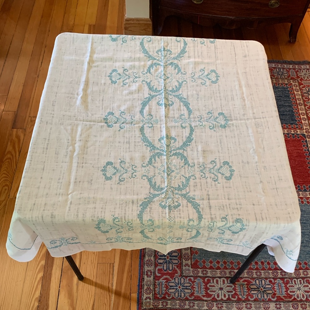 Vintage Handmade Cross Stitched Teal Tablecloth  48" x 48 Square Floral Design